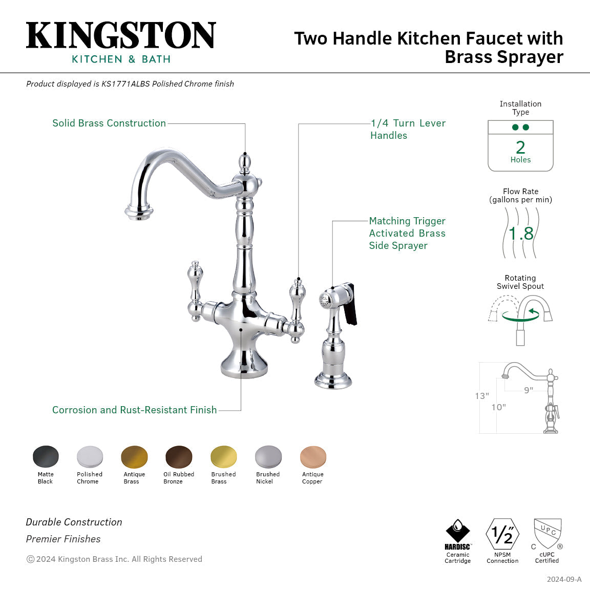 Heritage Two-Handle Single-Hole Kitchen Faucet with Brass Sprayer in Brushed Brass