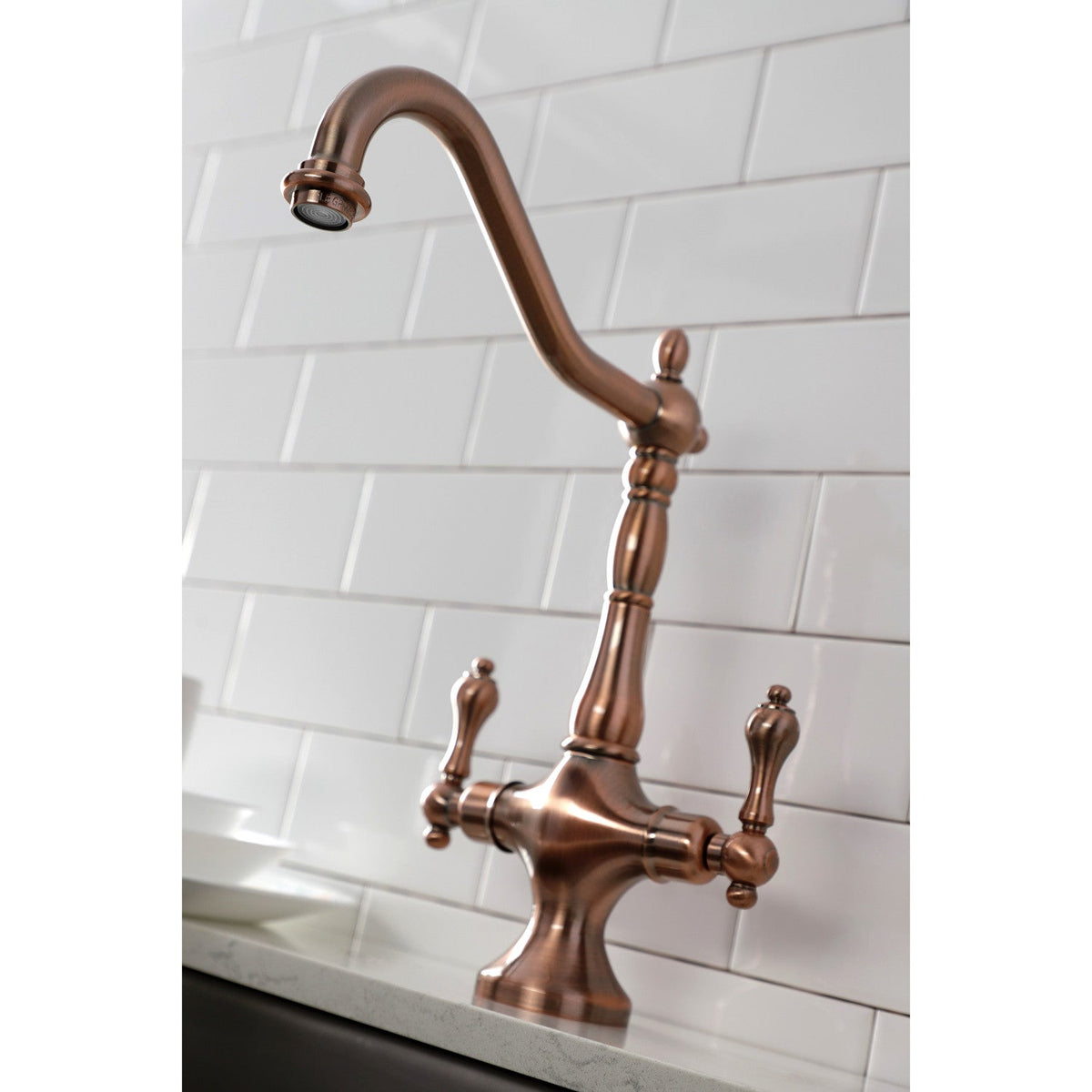 Heritage Two-Handle Single-Hole Kitchen Faucet with Brass Sprayer in Antique Copper