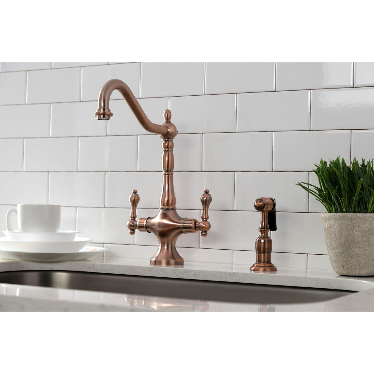 Heritage Two-Handle Single-Hole Kitchen Faucet with Brass Sprayer in Antique Copper