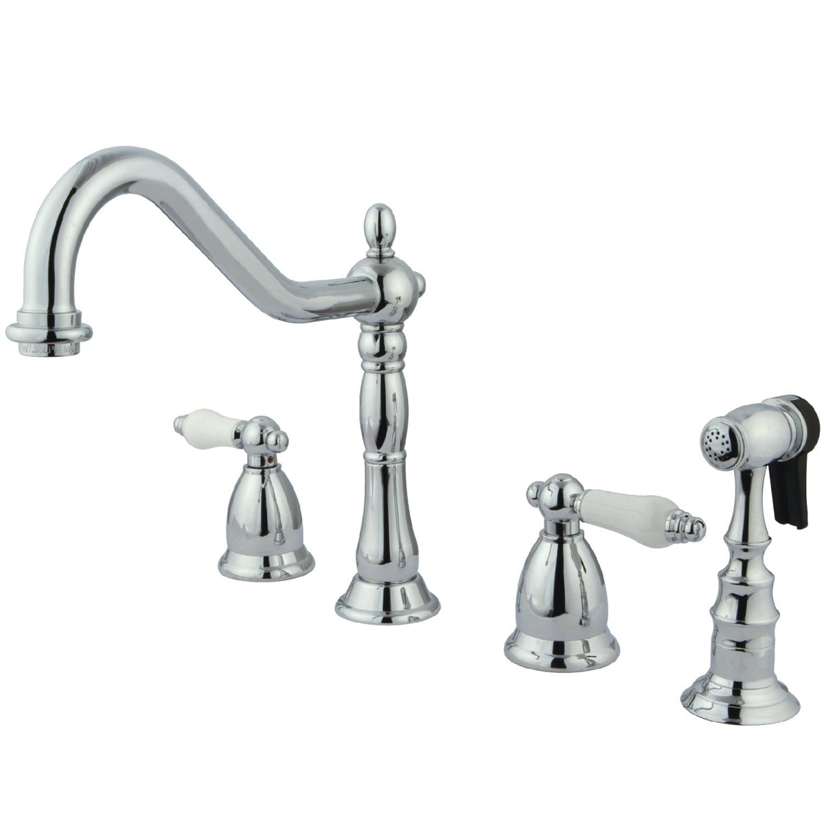 Heritage Double-Handle Widespread Kitchen Faucet with Brass Sprayer in Polished Chrome