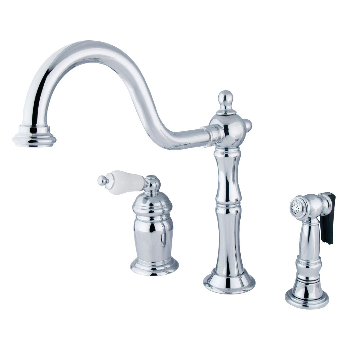 Heritage Single-Handle Widespread Kitchen Faucet with Brass Sprayer in Polished Chrome