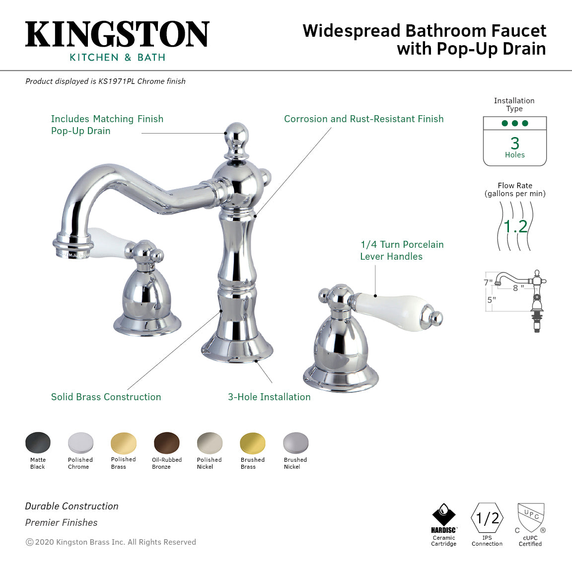 Heritage Widespread Bathroom Faucet with Brass Pop-Up in Polished Brass