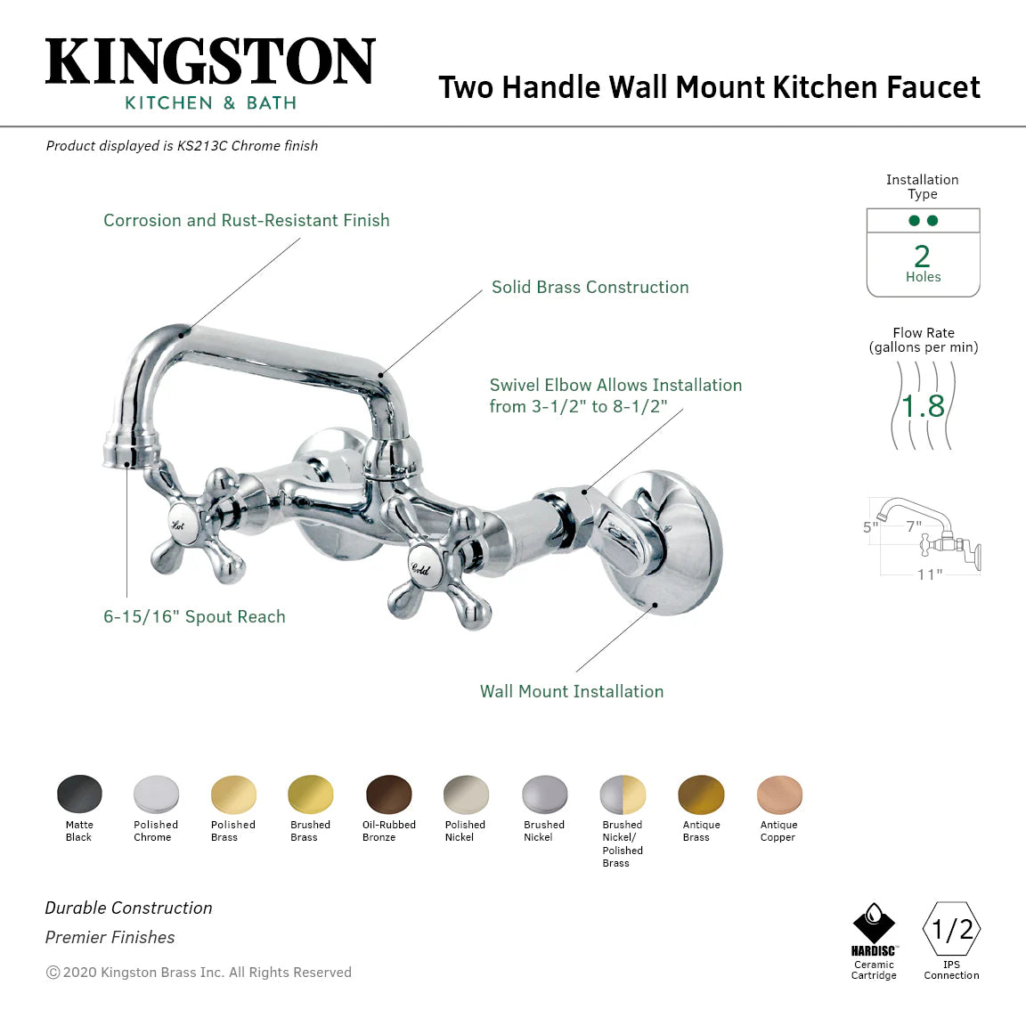 Wall-mount kitchen faucet diagram showing finish options, holes, and flow rate