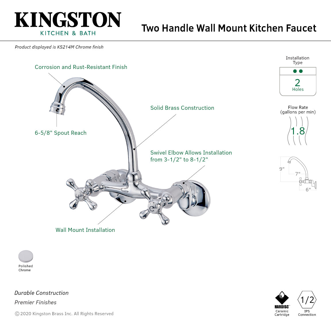 Kingston Double-Handle Wall-Mount Bridge Kitchen Faucet in Polished Chrome
