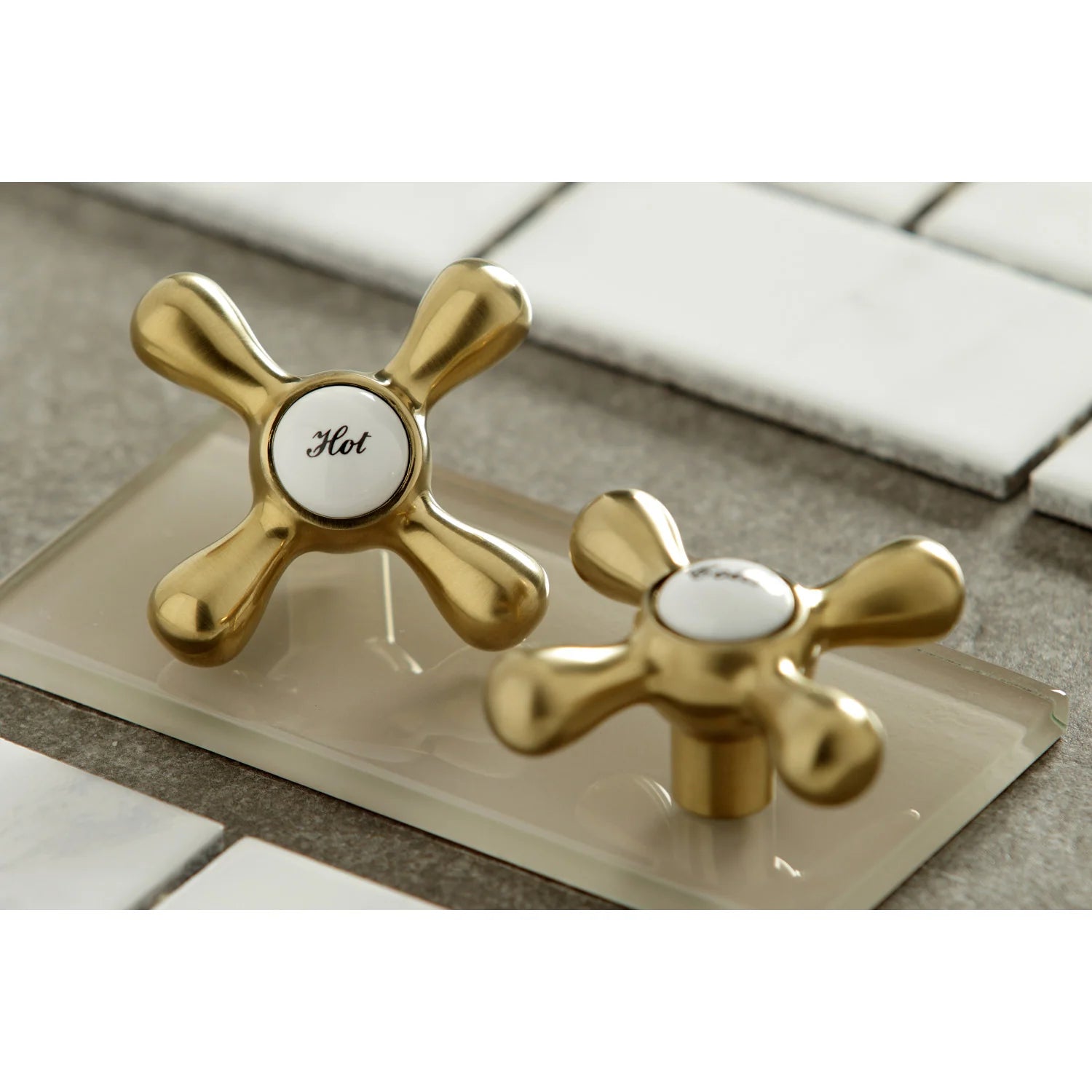 Brushed brass double-handle bridge faucet with Hot and Cold cross knobs