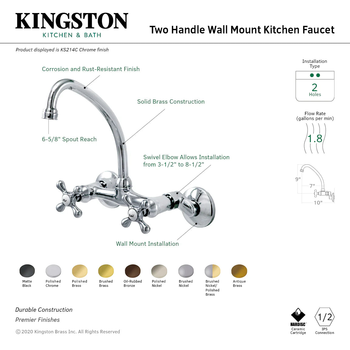 Two-handle wall-mount kitchen faucet diagram with spout and mounting plate
