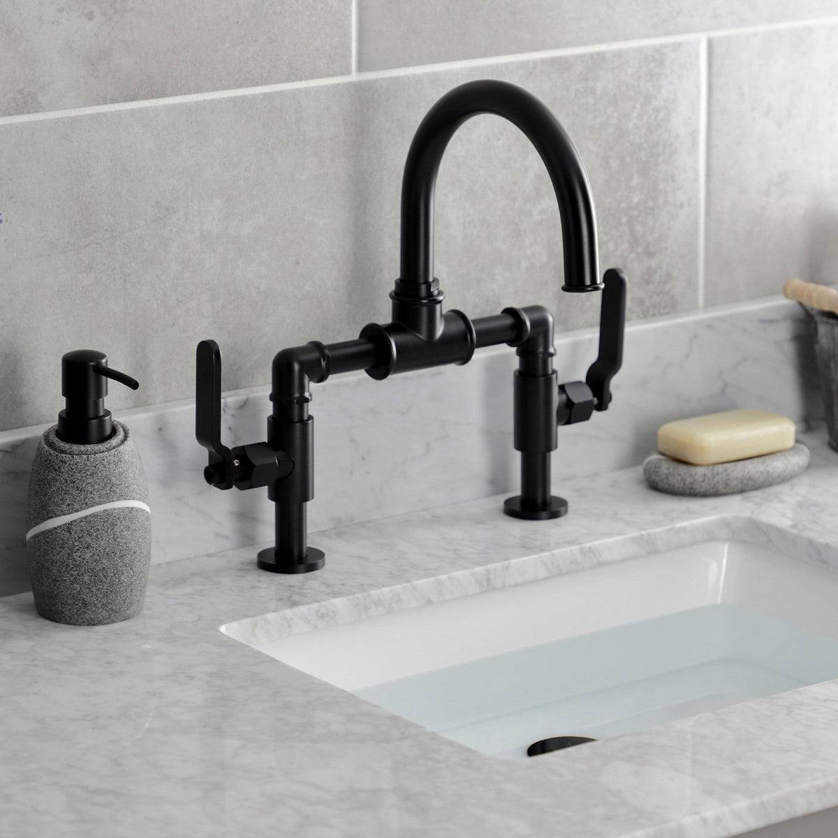 Whitaker Industrial Style Bridge Bathroom Faucet with Pop-Up Drain in Matte Black
