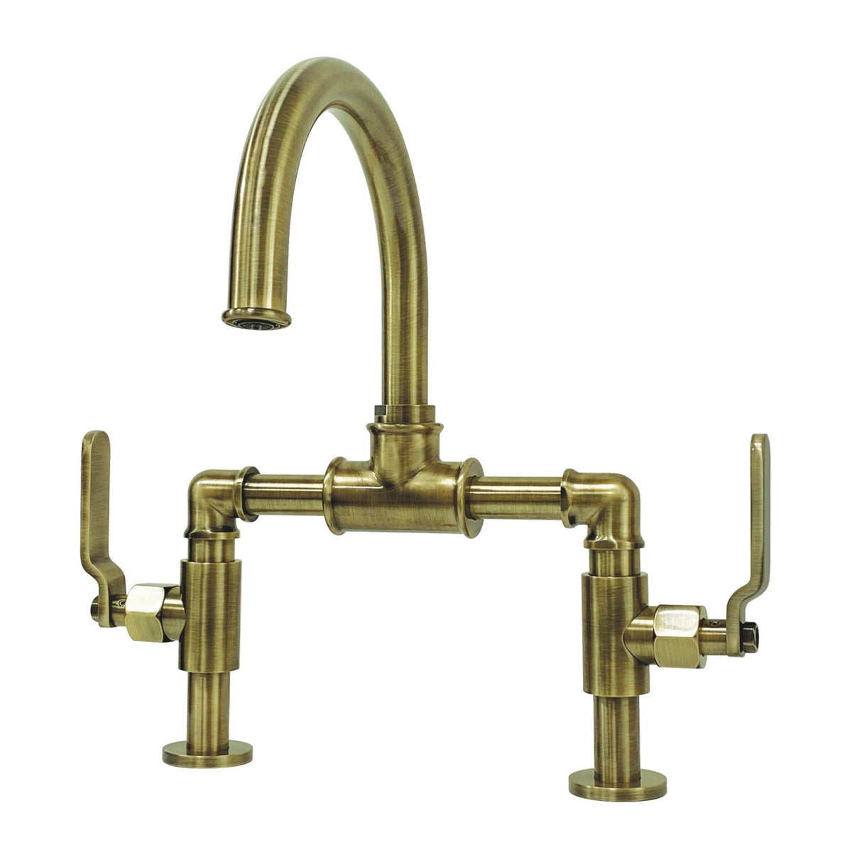 Whitaker Industrial Style Bridge Bathroom Faucet with Pop-Up Drain in Antique Brass