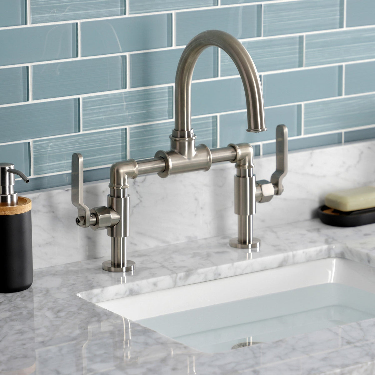 Whitaker Industrial Style Bridge Bathroom Faucet with Pop-Up Drain in Brushed Nickel