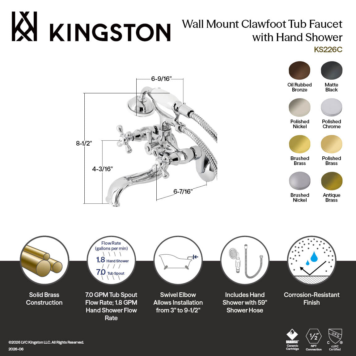 Kingston Wall Mount Tub Faucet with Hand Shower in Matte Black