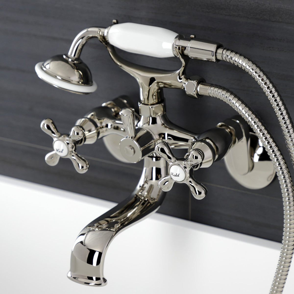 Kingston Wall Mount Tub Faucet with Hand Shower in Polished Nickel