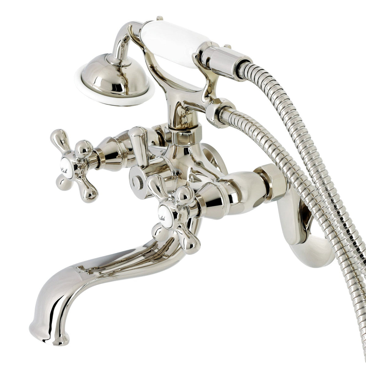 Kingston Wall Mount Tub Faucet with Hand Shower in Polished Nickel