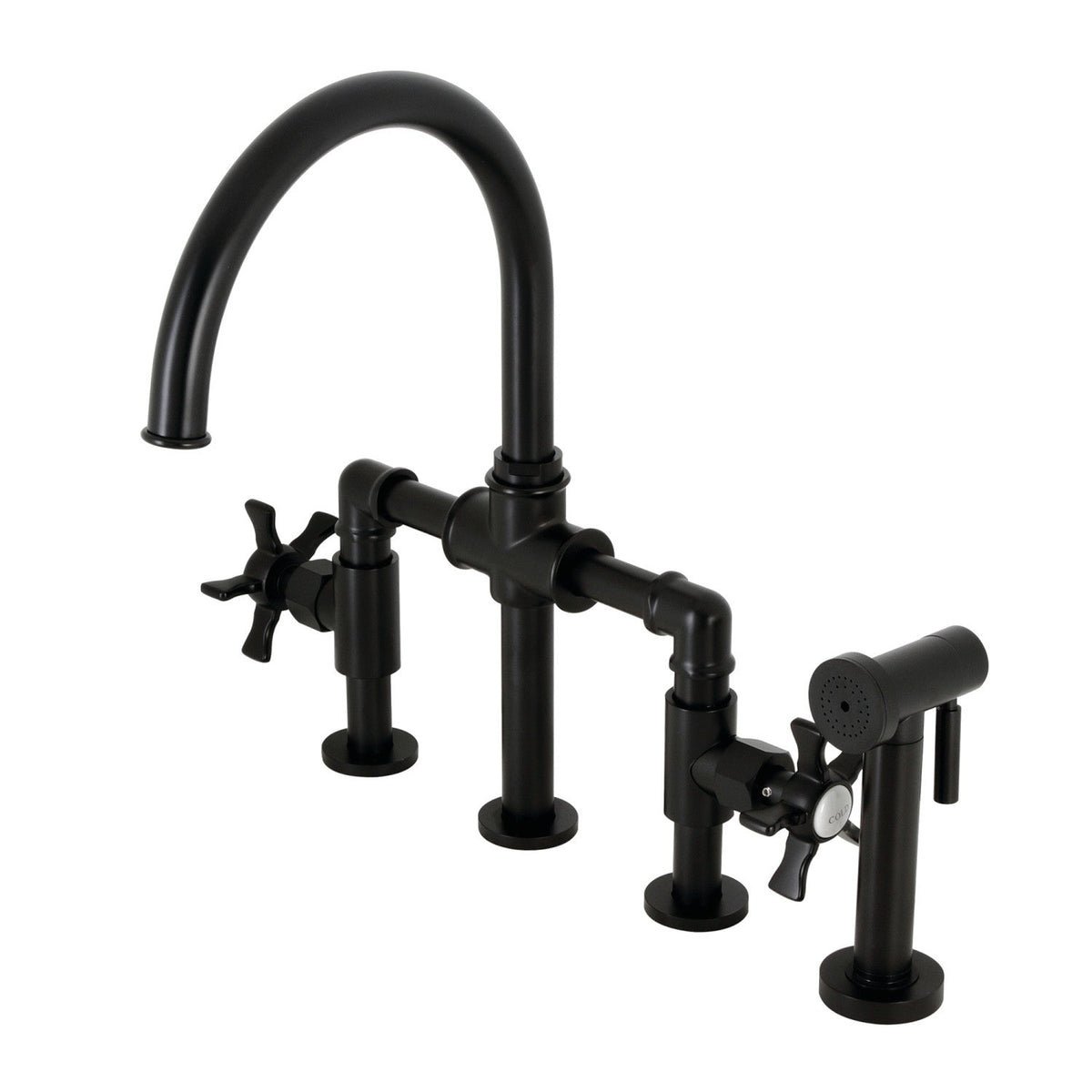 Hamilton Industrial Style Bridge Kitchen Faucet with Brass Side Sprayer in Matte Black