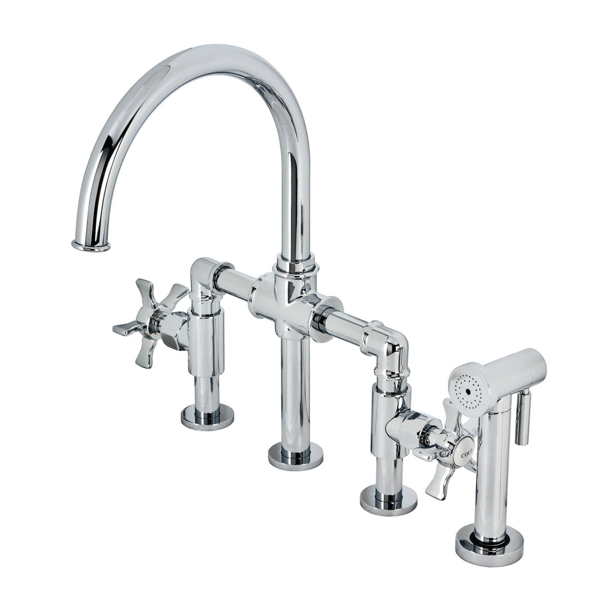 Hamilton Industrial Style Bridge Kitchen Faucet with Brass Side Sprayer in Polished Chrome