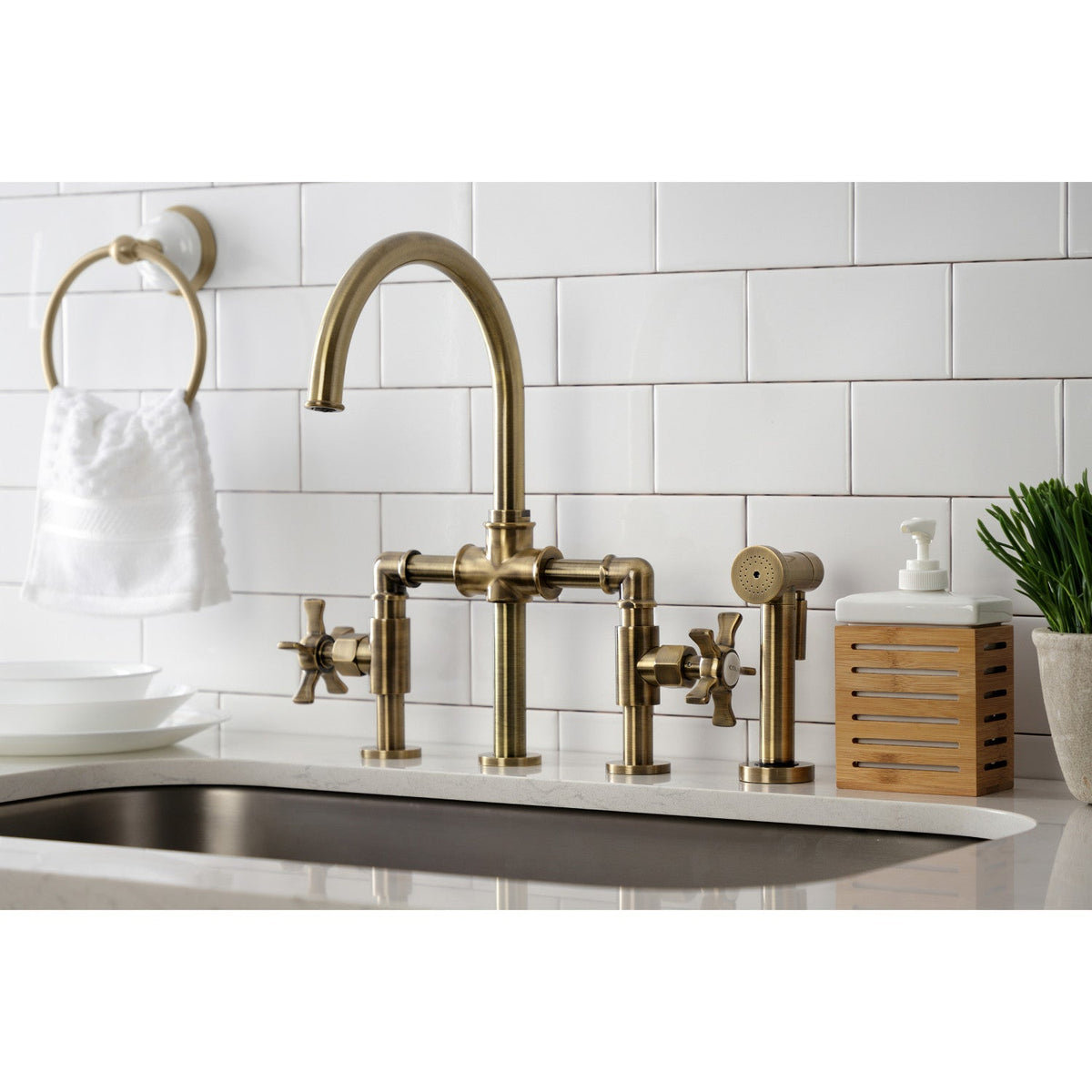 Hamilton Industrial Style Bridge Kitchen Faucet with Brass Side Sprayer in Antique Brass