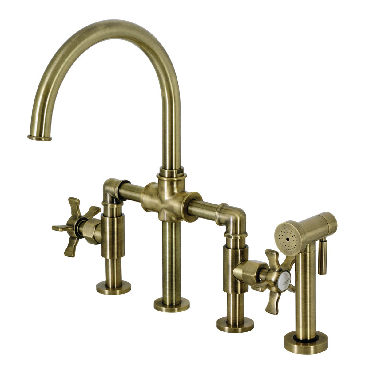 Hamilton Industrial Style Bridge Kitchen Faucet with Brass Side Sprayer in Antique Brass