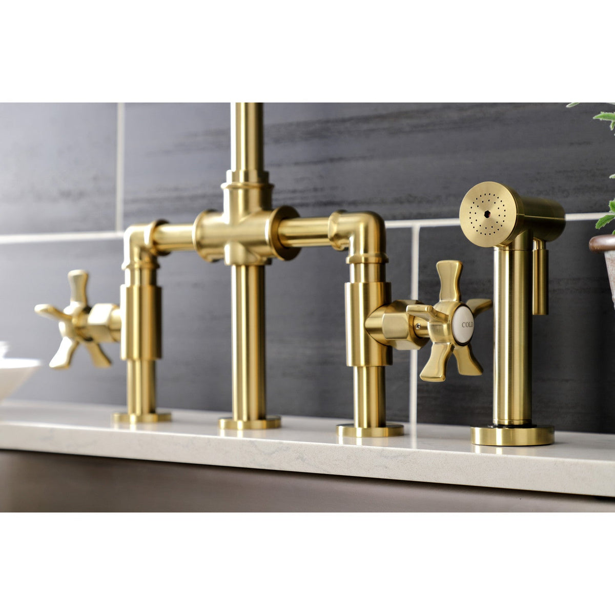 Hamilton Industrial Style Bridge Kitchen Faucet with Brass Side Sprayer in Brushed Brass