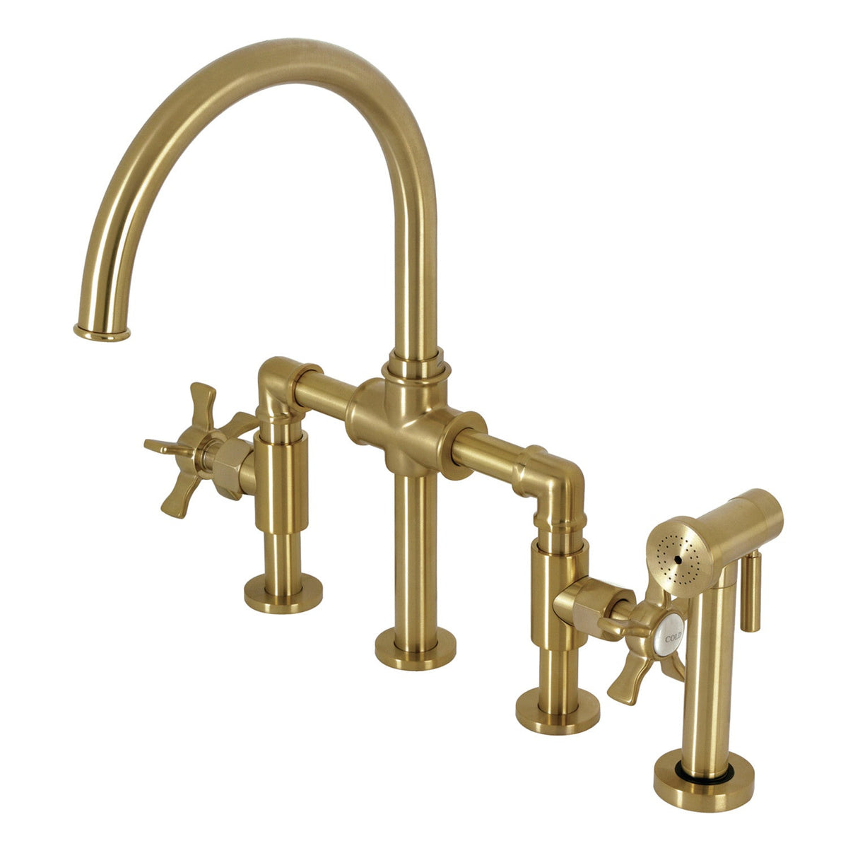 Hamilton Industrial Style Bridge Kitchen Faucet with Brass Side Sprayer in Brushed Brass