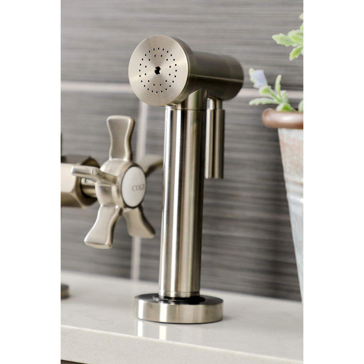 Hamilton Industrial Style Bridge Kitchen Faucet with Brass Side Sprayer in Brushed Nickel