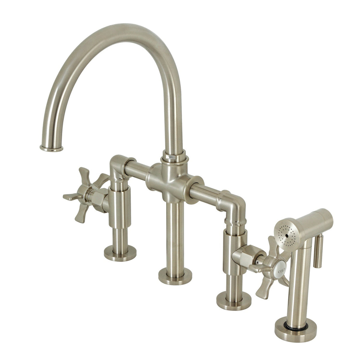 Hamilton Industrial Style Bridge Kitchen Faucet with Brass Side Sprayer in Brushed Nickel