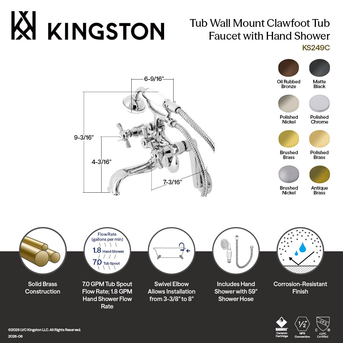 Kingston Tub Wall Mount Clawfoot Tub Faucet with Hand Shower in Matte Black