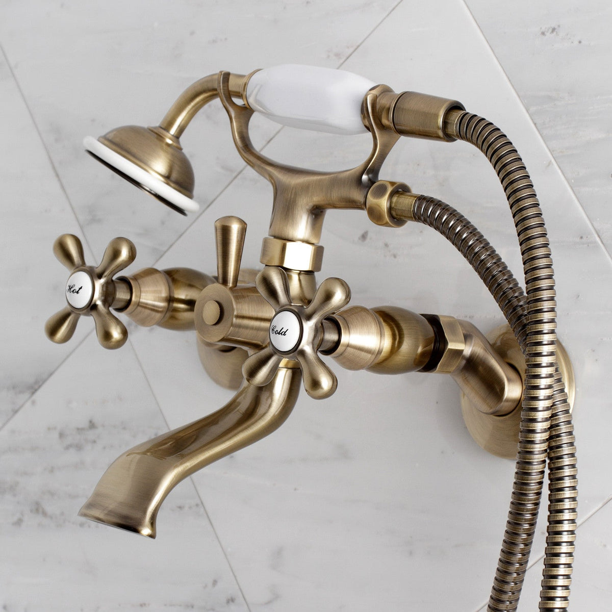 Kingston Tub Wall Mount Clawfoot Tub Faucet with Hand Shower in Antique Brass