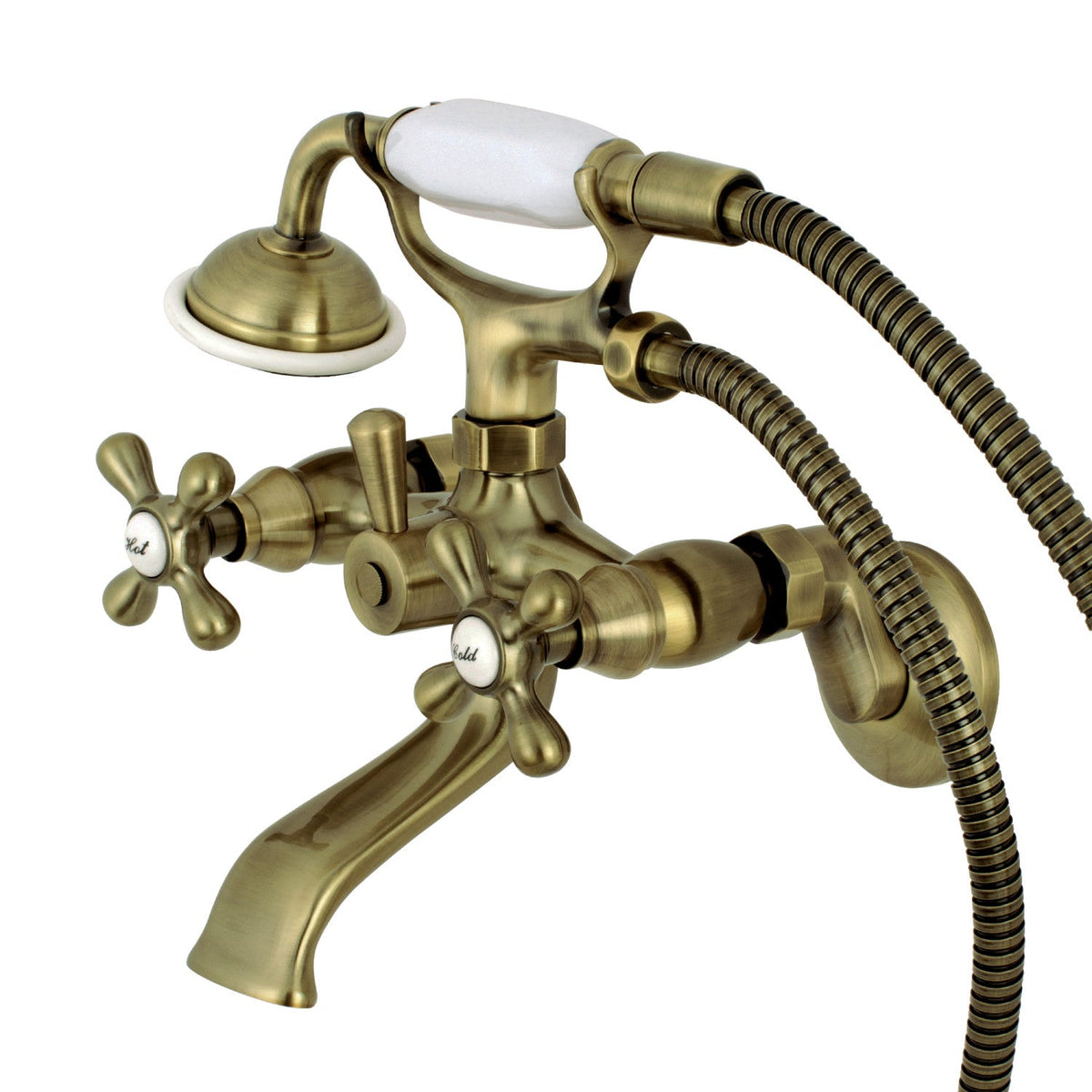 Kingston Tub Wall Mount Clawfoot Tub Faucet with Hand Shower in Antique Brass