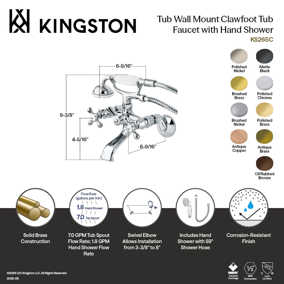 Kingston Tub Wall Mount Clawfoot Tub Faucet with Hand Shower in Oil Rubbed Bronze