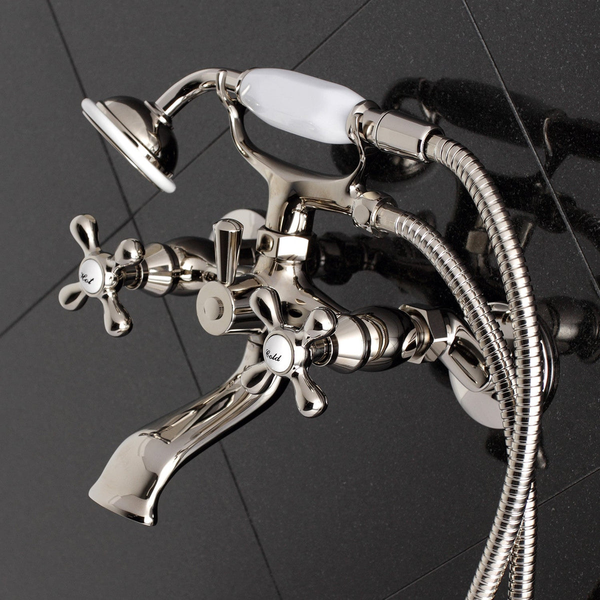 Kingston Tub Wall Mount Clawfoot Tub Faucet with Hand Shower in Polished Nickel