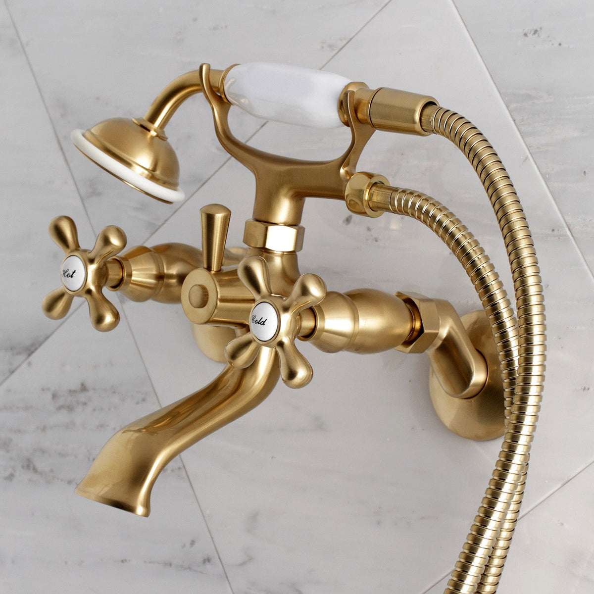 Kingston Tub Wall Mount Clawfoot Tub Faucet with Hand Shower in Brushed Brass