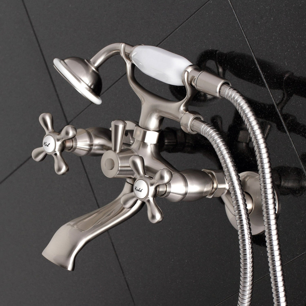 Kingston Tub Wall Mount Clawfoot Tub Faucet with Hand Shower in Brushed Nickel