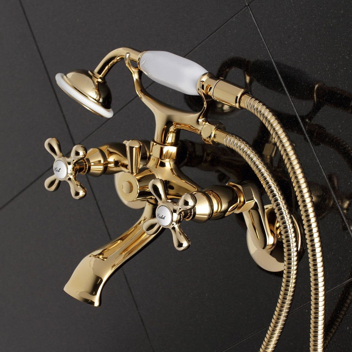 Kingston Wall Mount Clawfoot Tub Faucet with Hand Shower in Polished Brass