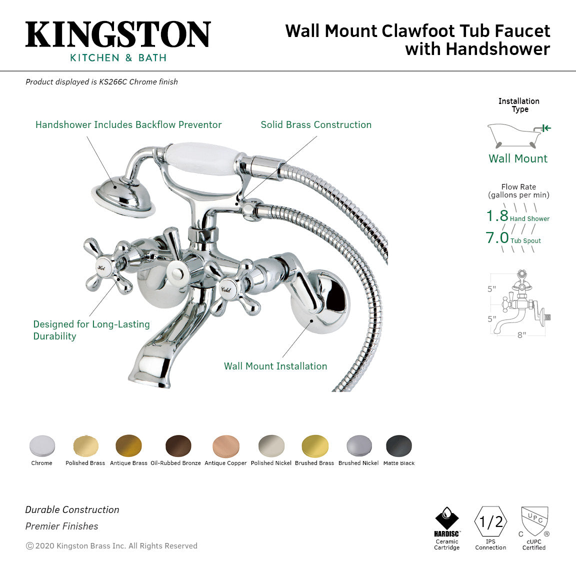 Kingston Wall Mount Clawfoot Tub Faucet with Hand Shower in Brushed Brass