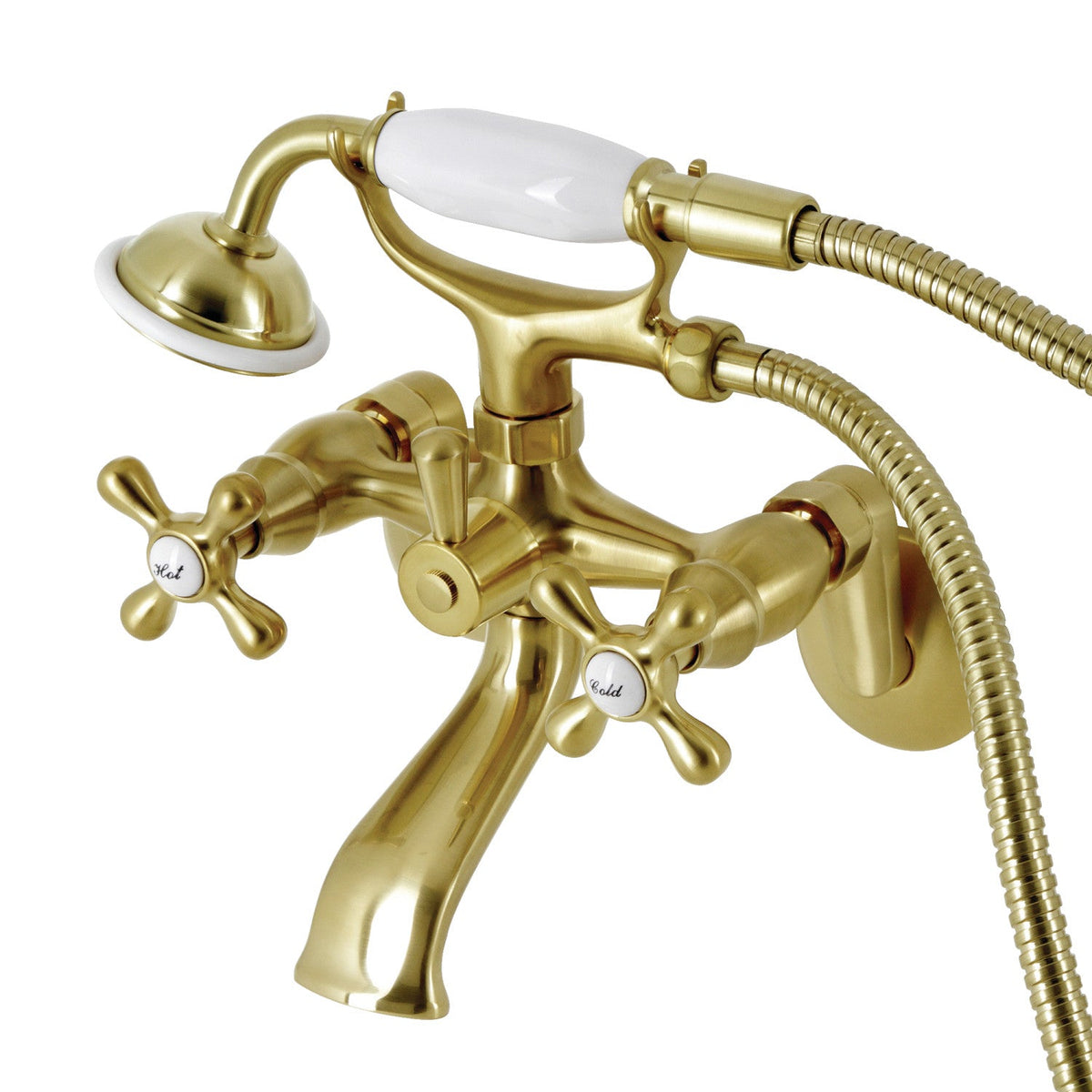 Kingston Wall Mount Clawfoot Tub Faucet with Hand Shower in Brushed Brass