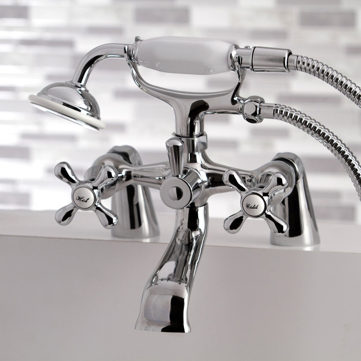 Kingston 6" Center Deck-Mount Clawfoot Tub Faucet with Hand Shower in Polished Chrome