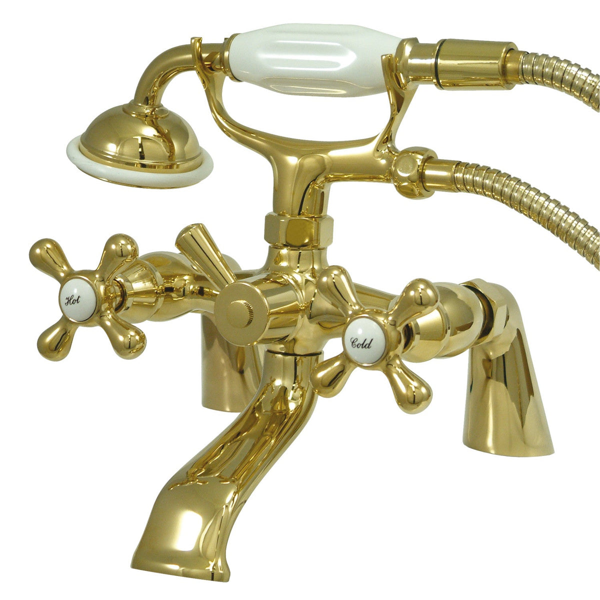 Kingston 6" Center Deck-Mount Clawfoot Tub Faucet with Hand Shower in Polished Brass