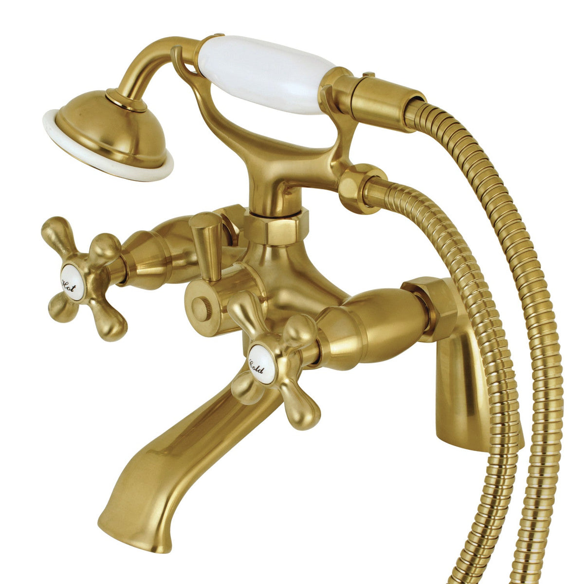 Kingston 6" Center Deck-Mount Clawfoot Tub Faucet with Hand Shower in Brushed Brass