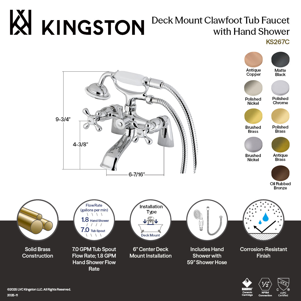Kingston 6" Center Deck-Mount Clawfoot Tub Faucet with Hand Shower in Brushed Nickel
