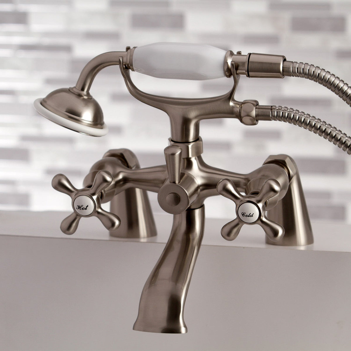 Kingston 6" Center Deck-Mount Clawfoot Tub Faucet with Hand Shower in Brushed Nickel