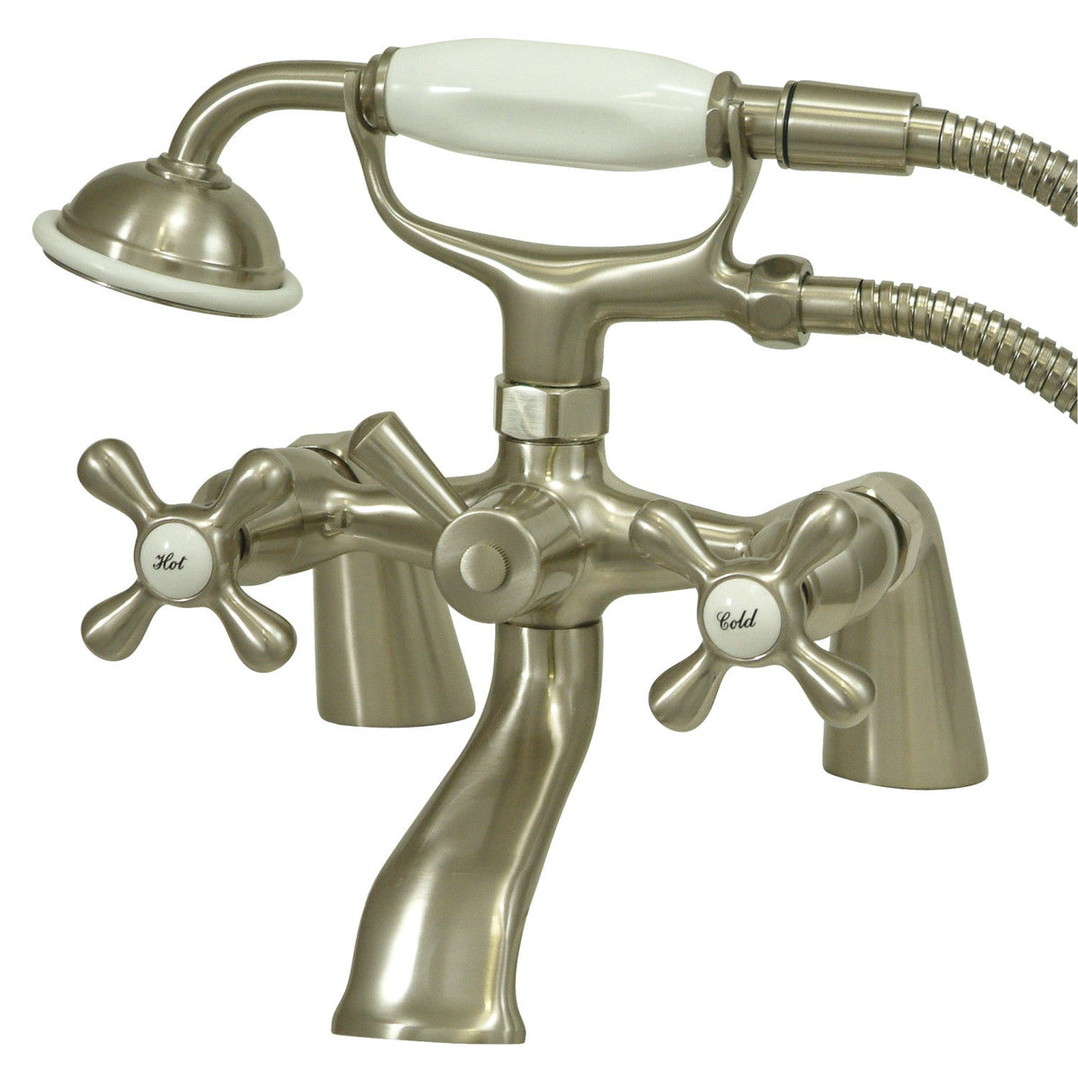 Kingston 6" Center Deck-Mount Clawfoot Tub Faucet with Hand Shower in Brushed Nickel