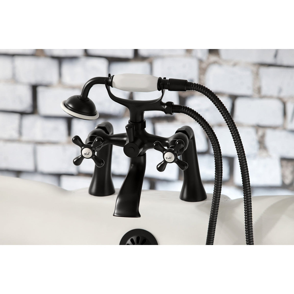 Kingston 7" Center Deck-Mount Clawfoot Tub Faucet with Hand Shower in Matte Black