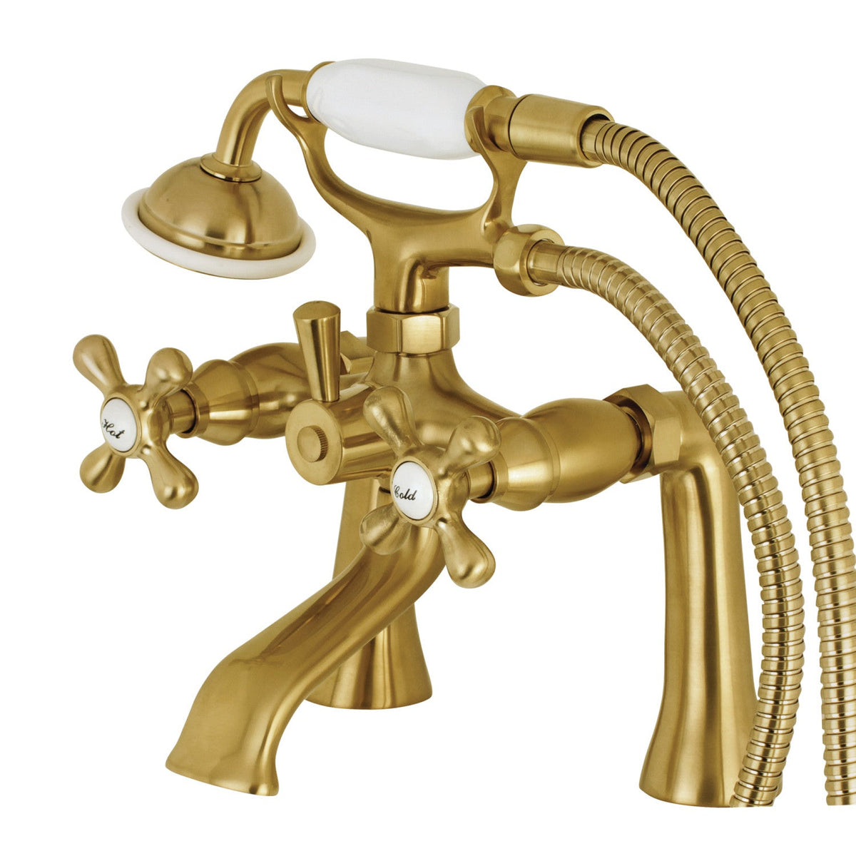 Kingston 7" Center Deck-Mount Clawfoot Tub Faucet with Hand Shower in Brushed Brass