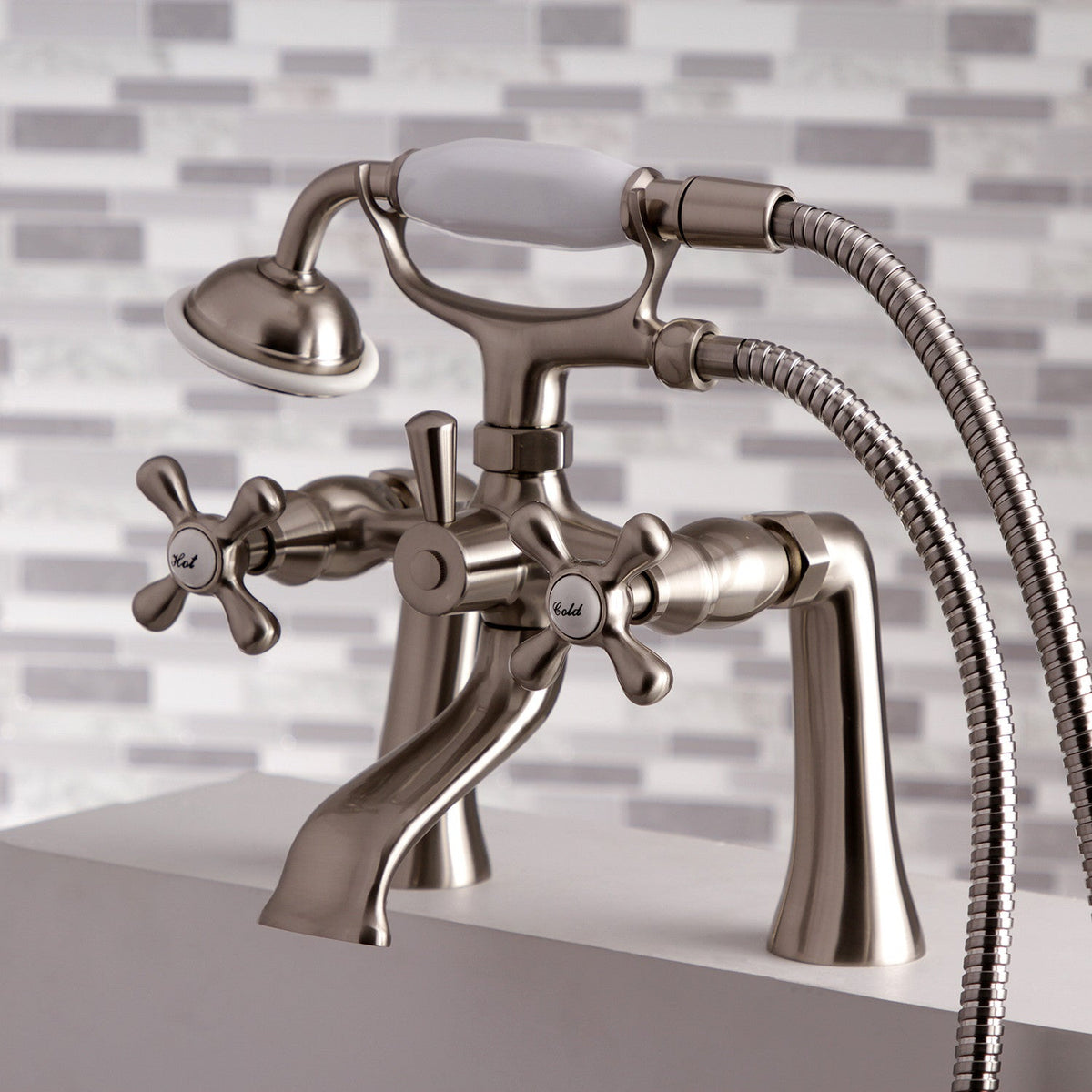 Kingston 7" Center Deck-Mount Clawfoot Tub Faucet with Hand Shower in Brushed Nickel
