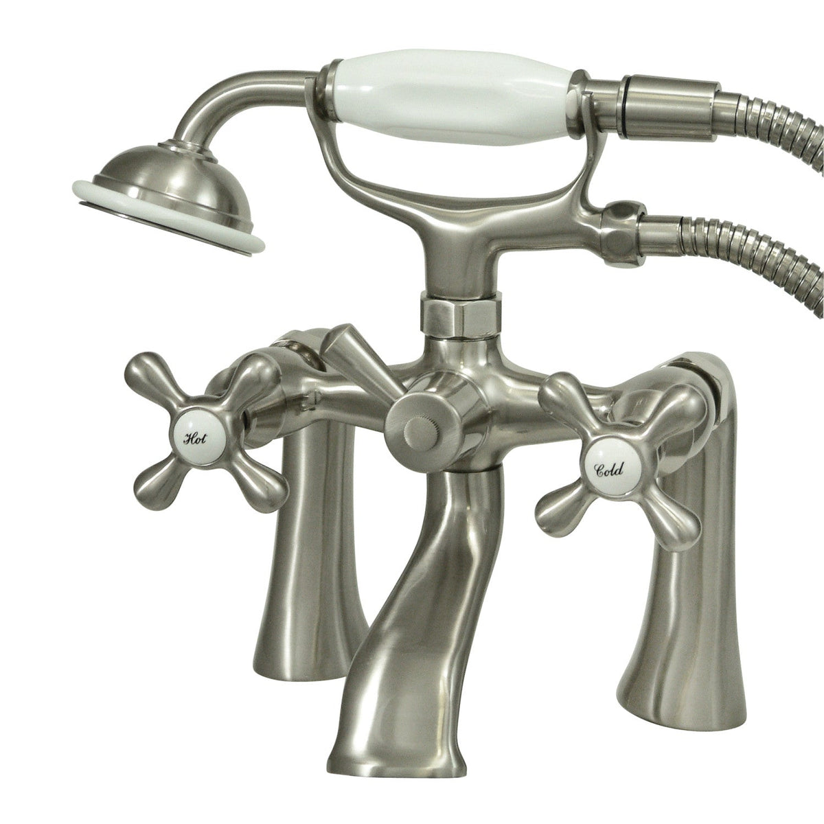 Kingston 7" Center Deck-Mount Clawfoot Tub Faucet with Hand Shower in Brushed Nickel
