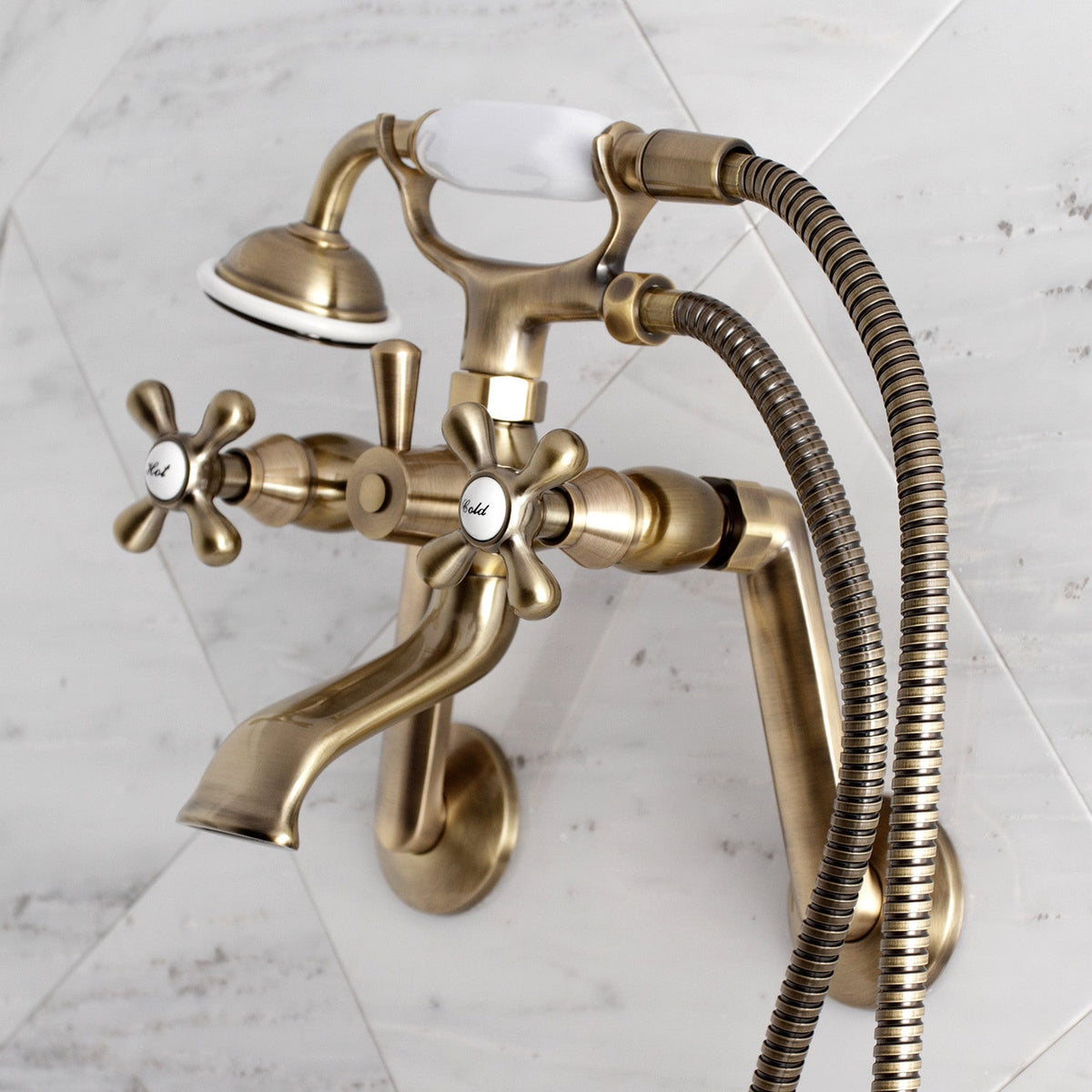 Kingston Tub Wall Mount Clawfoot Tub Faucet with Hand Shower in Antique Brass
