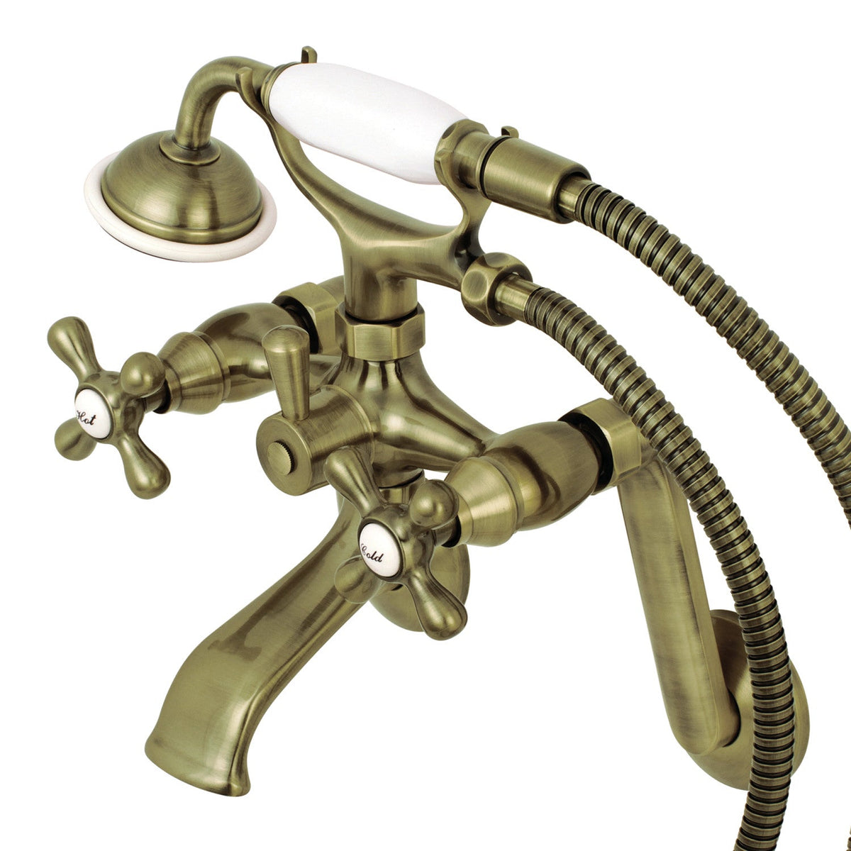 Kingston Tub Wall Mount Clawfoot Tub Faucet with Hand Shower in Antique Brass