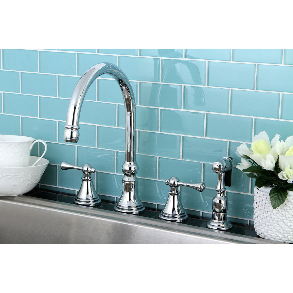 Governor Double-Handle Widespread Kitchen Faucet with Brass Sprayer in Polished Chrome