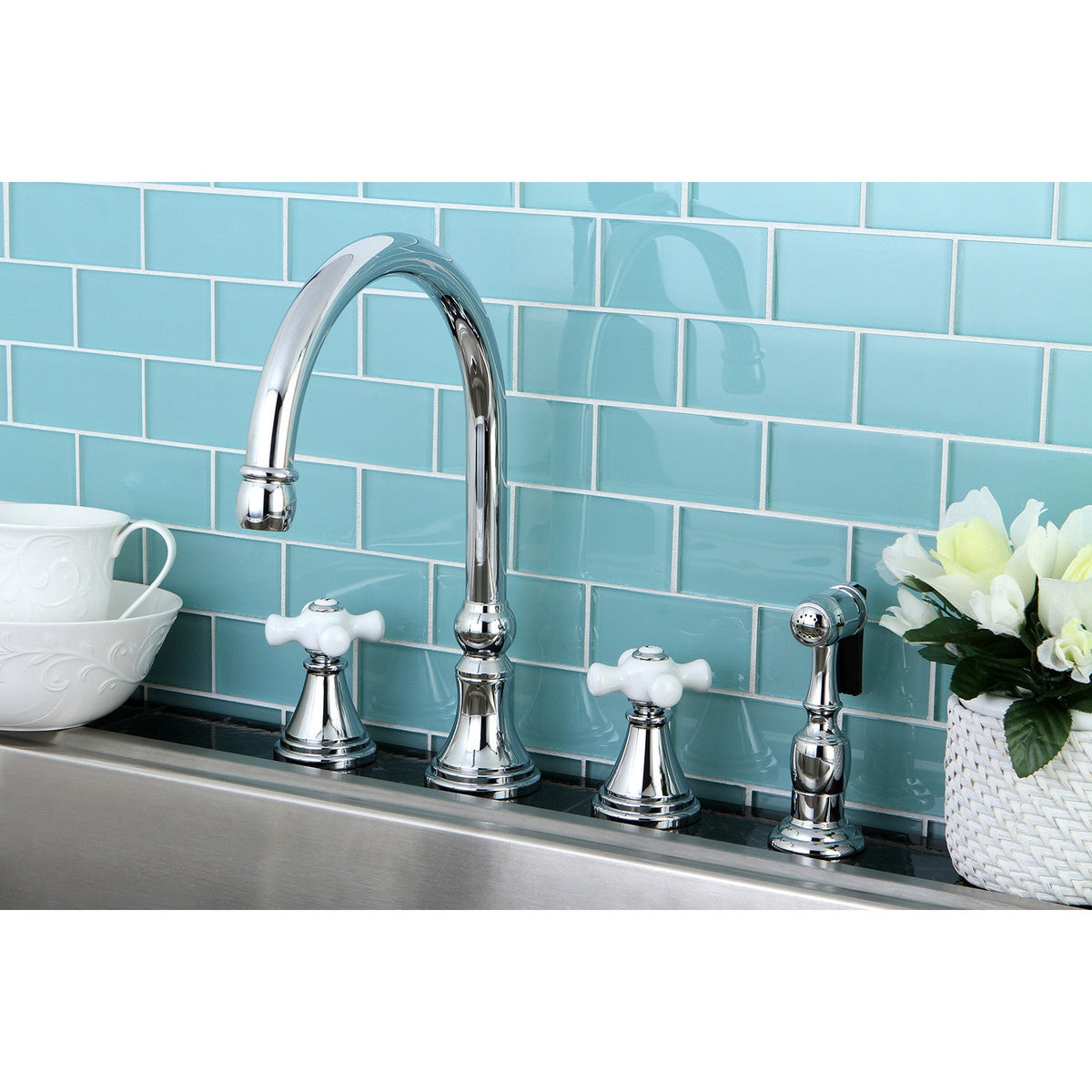 Governor Double-Handle Widespread Kitchen Faucet with Brass Sprayer in Polished Chrome