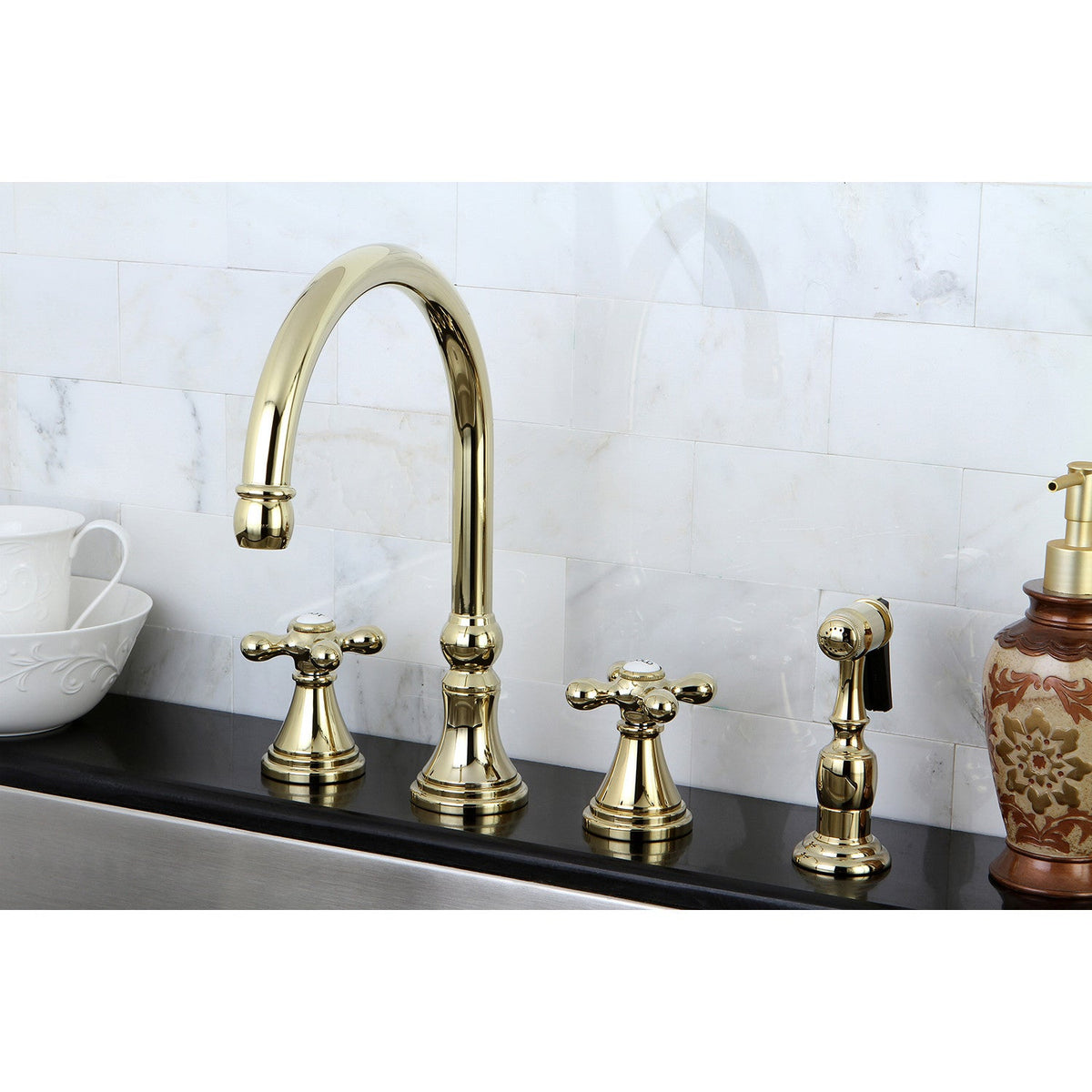 Governor Double-Handle Widespread Kitchen Faucet with Brass Sprayer in Polished Brass