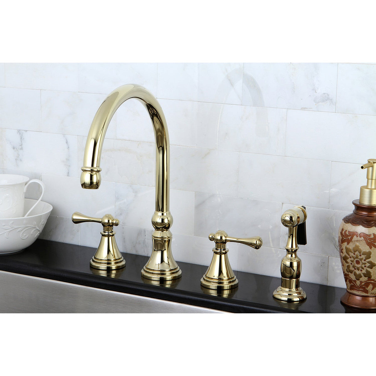 Governor Double-Handle Widespread Kitchen Faucet with Brass Sprayer in Polished Brass